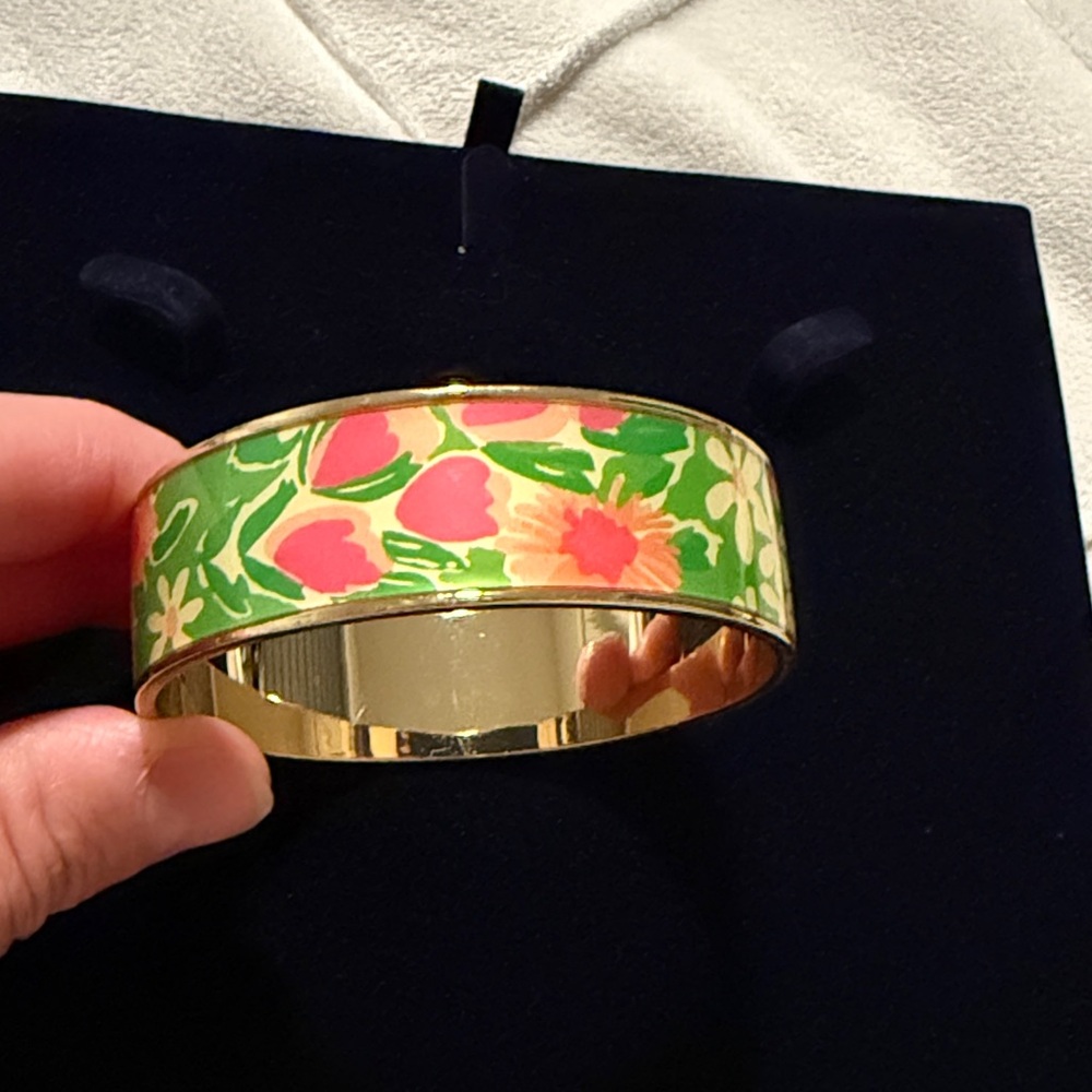 Lilly Pulitzer Gold Bracelet with Green and Pink Floral Enamel